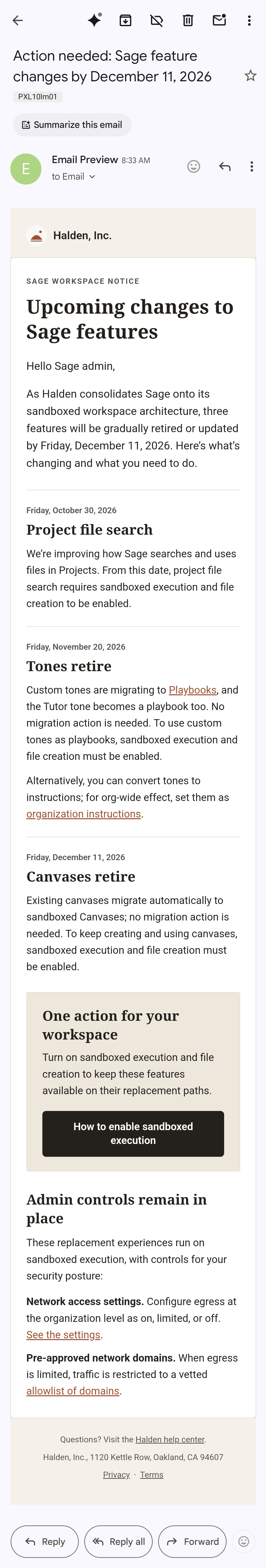 The same email in Gmail on Android