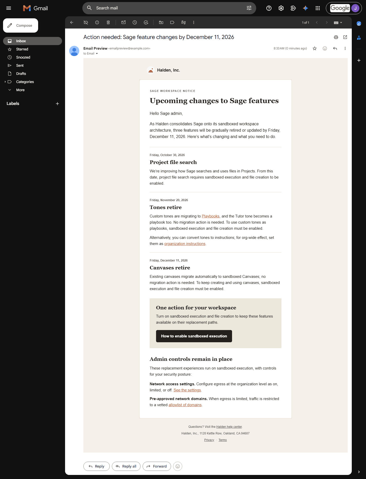 The same email in Gmail on the web in dark mode