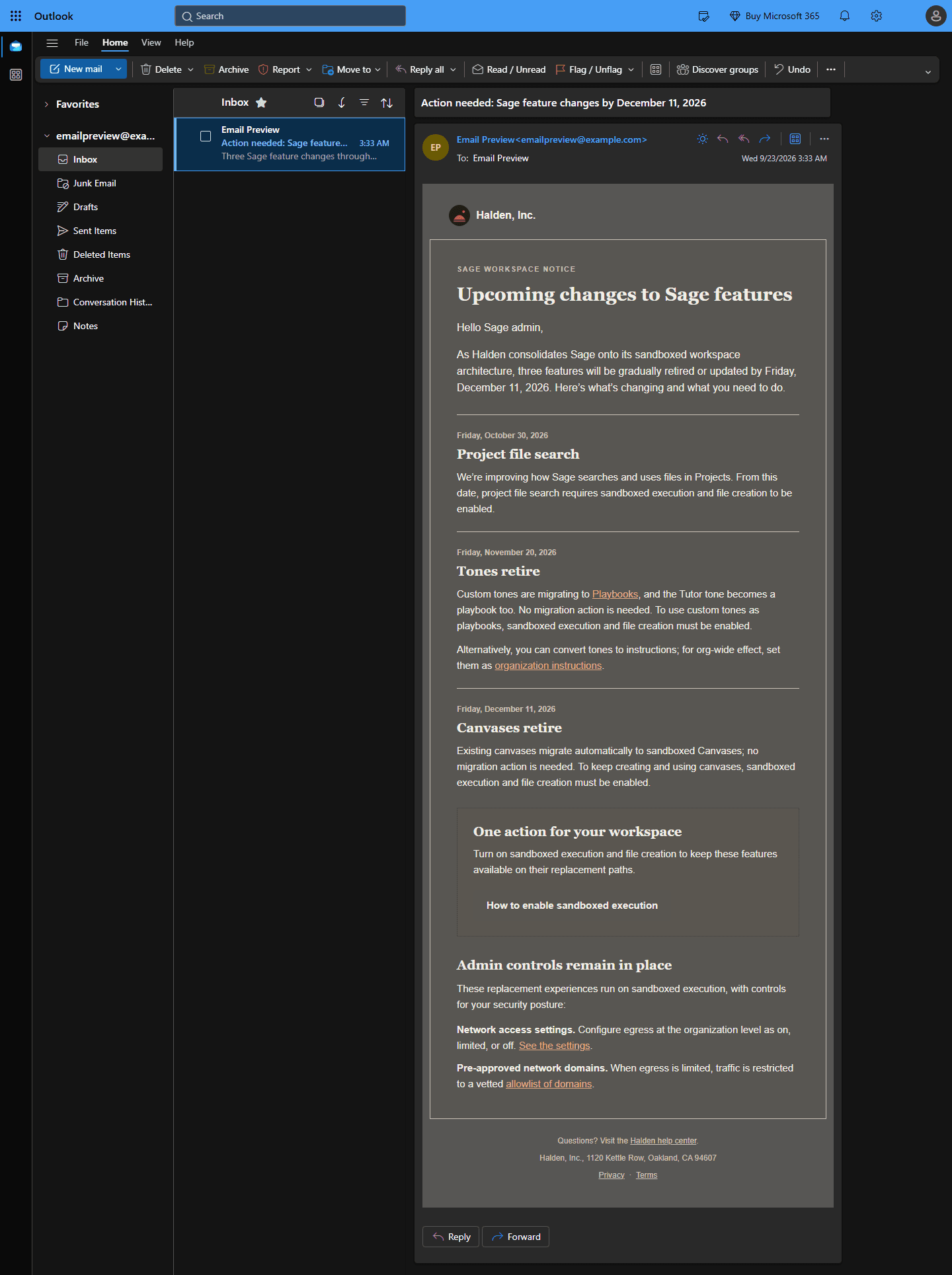 The same email in Outlook.com dark mode, where the button has lost its fill