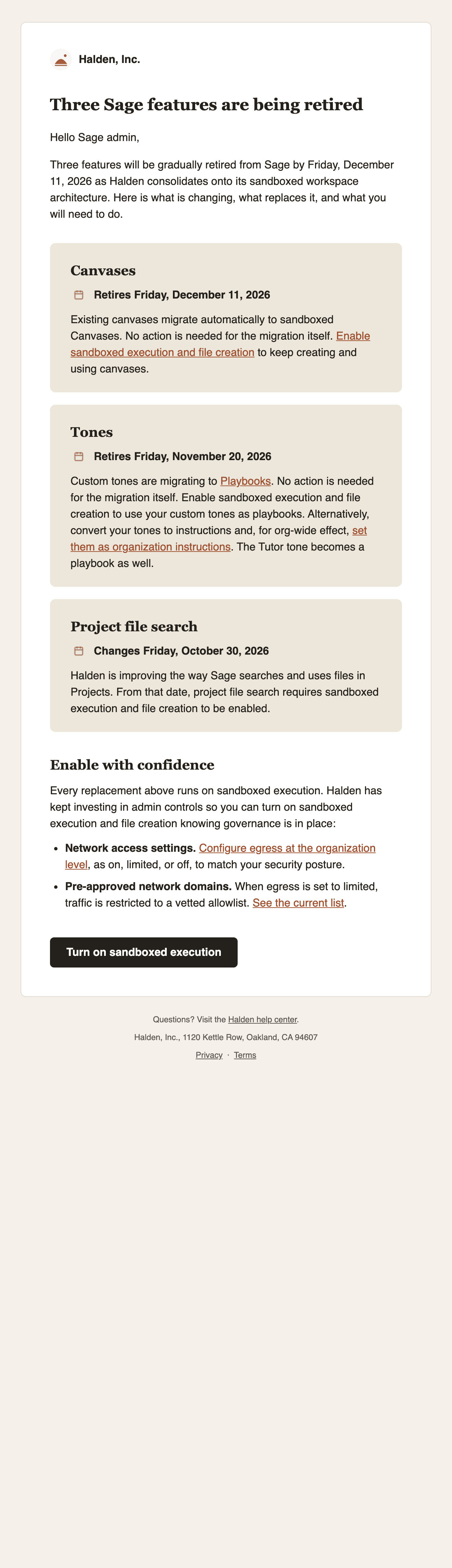 The real Halden admin notice about three retiring features, with a single dark button at the end