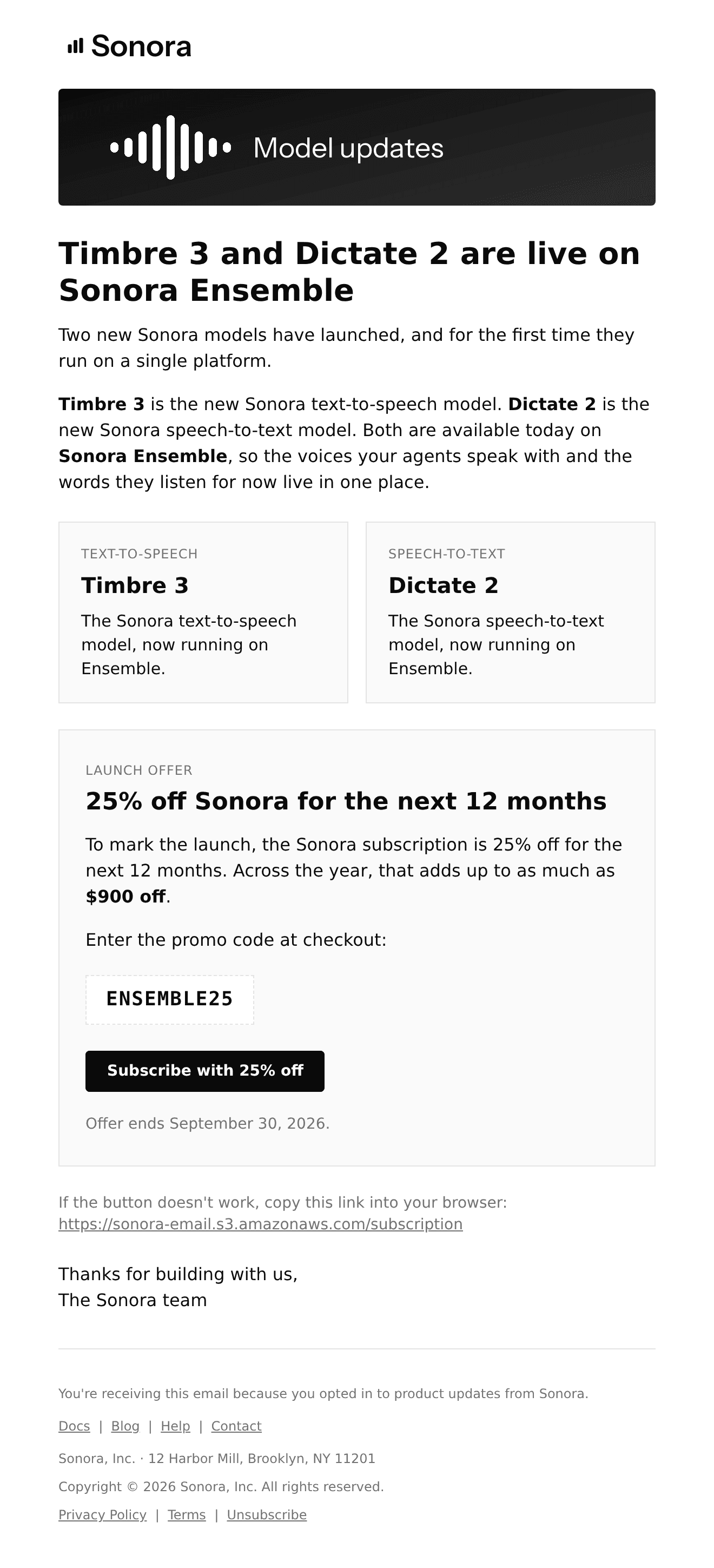 Claude Fable 5.1's version of the Sonora launch email, almost twice as tall, with a banner, two model cards, a boxed offer, a fallback link, a sign-off and a longer footer