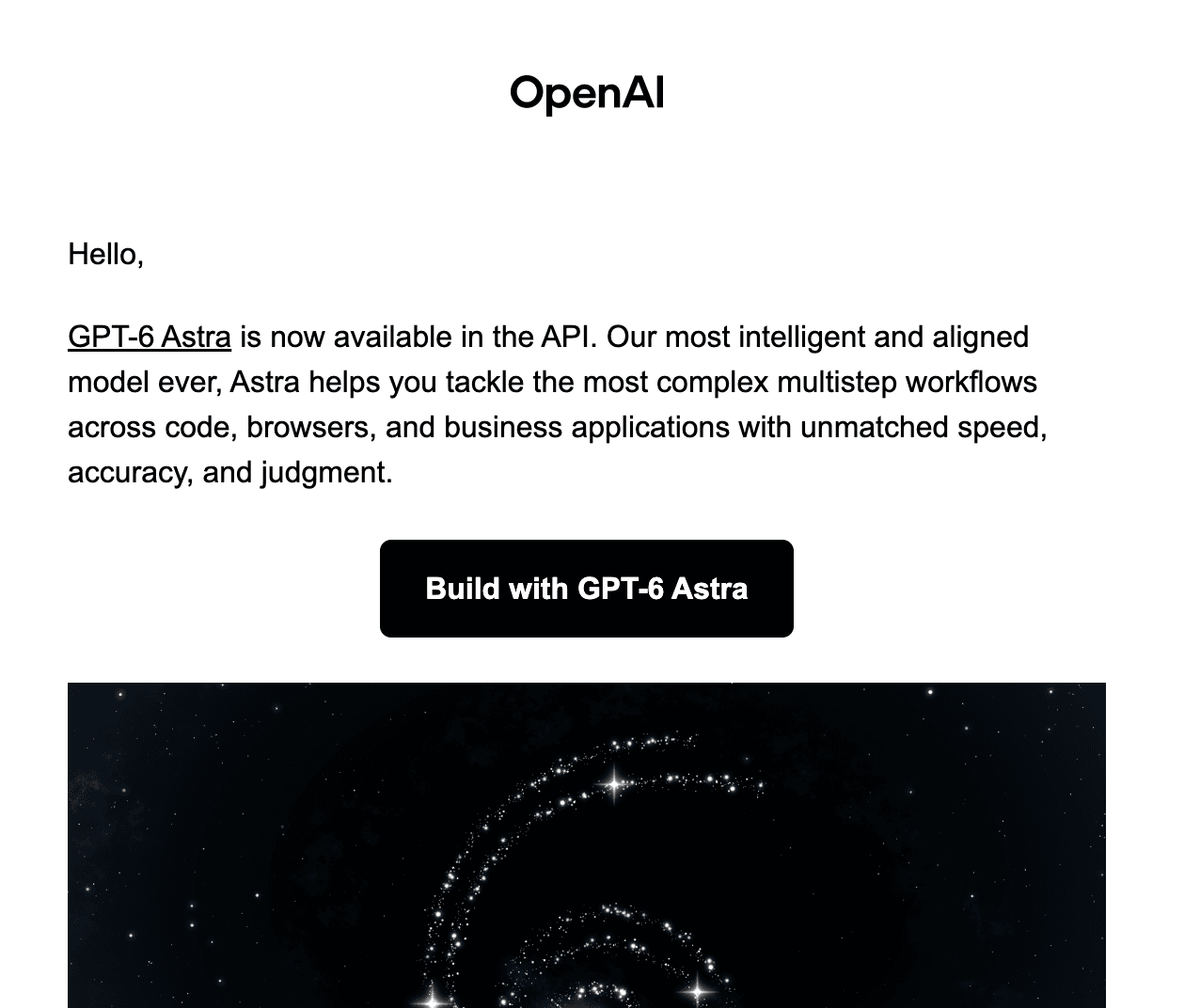 A marketing email announcing a new model in the API