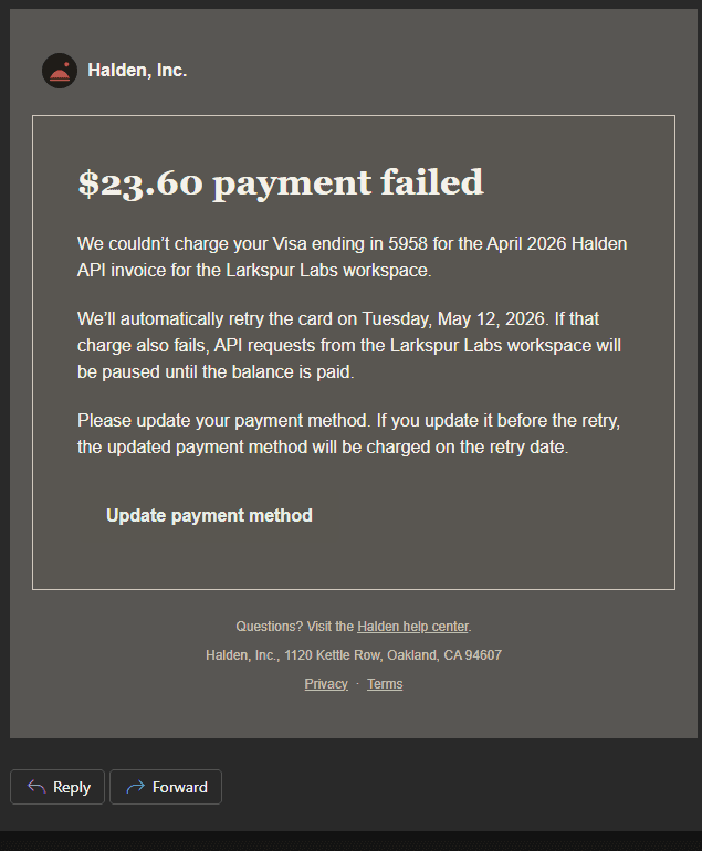 GPT-6 Astra's failed-payment email in Outlook.com dark mode, where Update payment method reads as plain text
