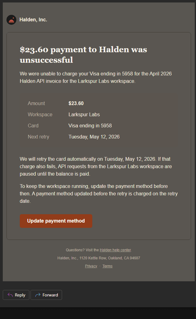 The real Halden failed-payment email in Outlook.com dark mode, with an orange Update payment method button