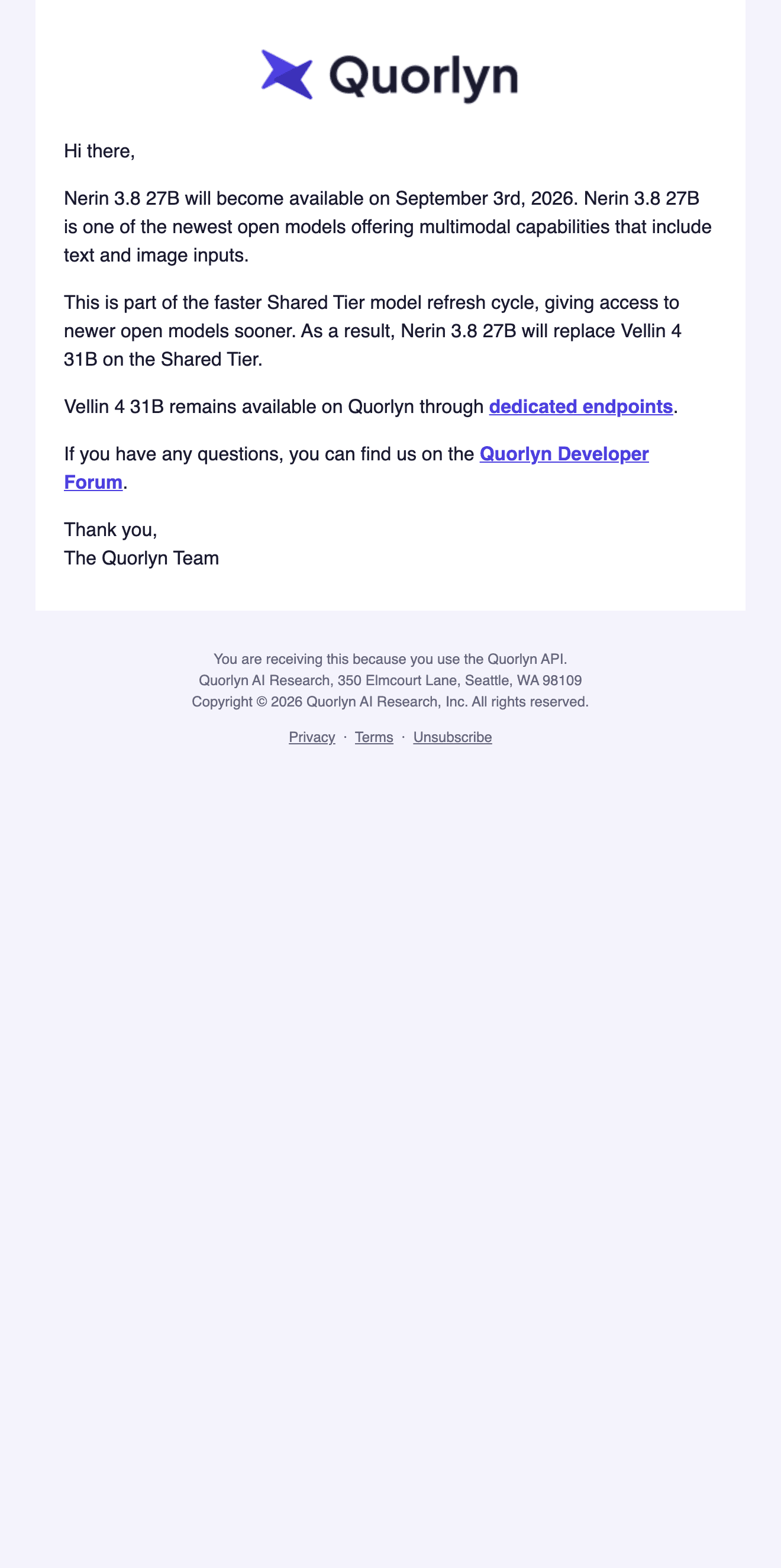 The real Quorlyn email about a new model: a logo and five short paragraphs with two text links